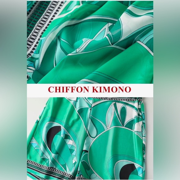 Green Printed Kimono & Shorts Set Vacation Resort Wear Boho Chic - Picture 6 of 6